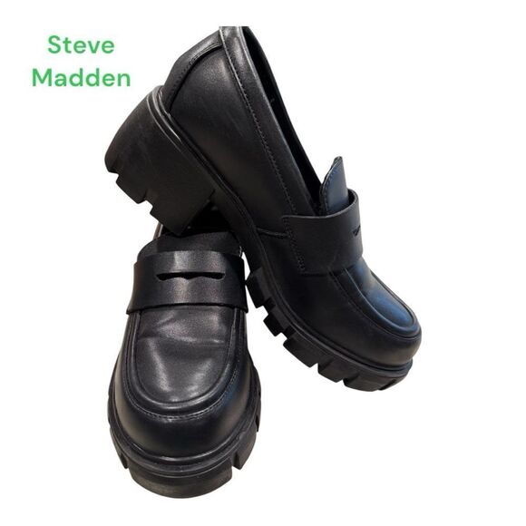 Steve Madden Black Leather Chunky Platform Flats - Picture 1 of 7